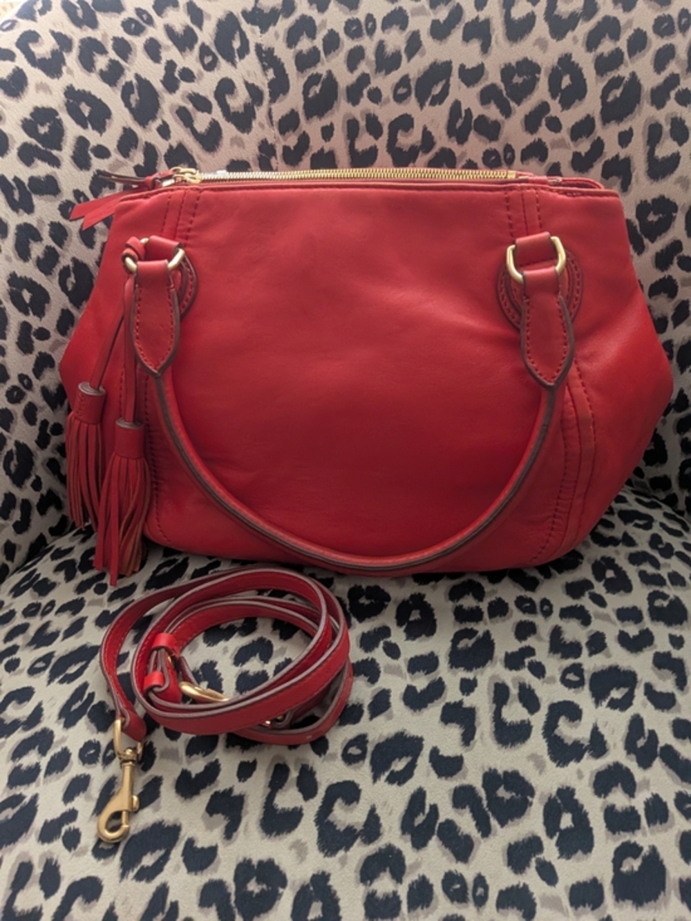 J.CREW RED GENUINE LEATHER THREE COMPARTMENTS HOBO SHOULDER BAG SATCHEL PURSE